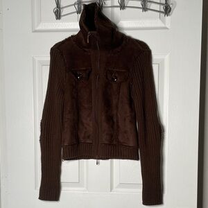 Aqua Zip Up Knit Faur Fur Sweater With Elbow Pads Y2K